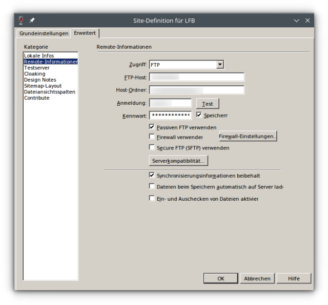 Screenshot aus Dreamweaver Site-Definition, Karteikarte Erweitert, Rubrik Remote-Informationen.